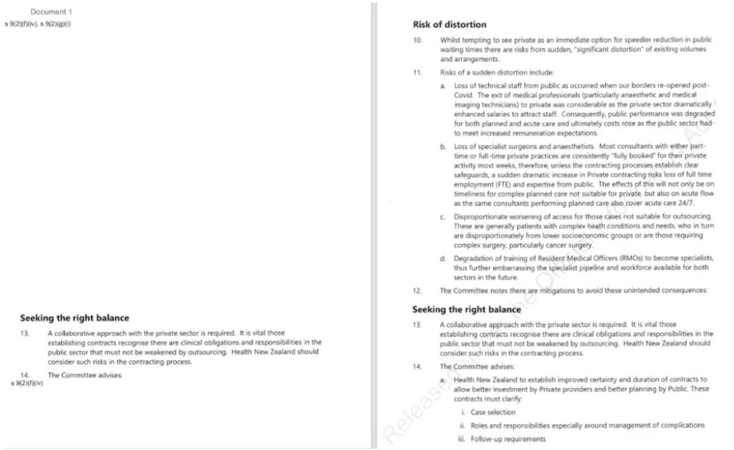The redacted memo from Health Minister Simeon Brown (left), and the full memo from Health NZ