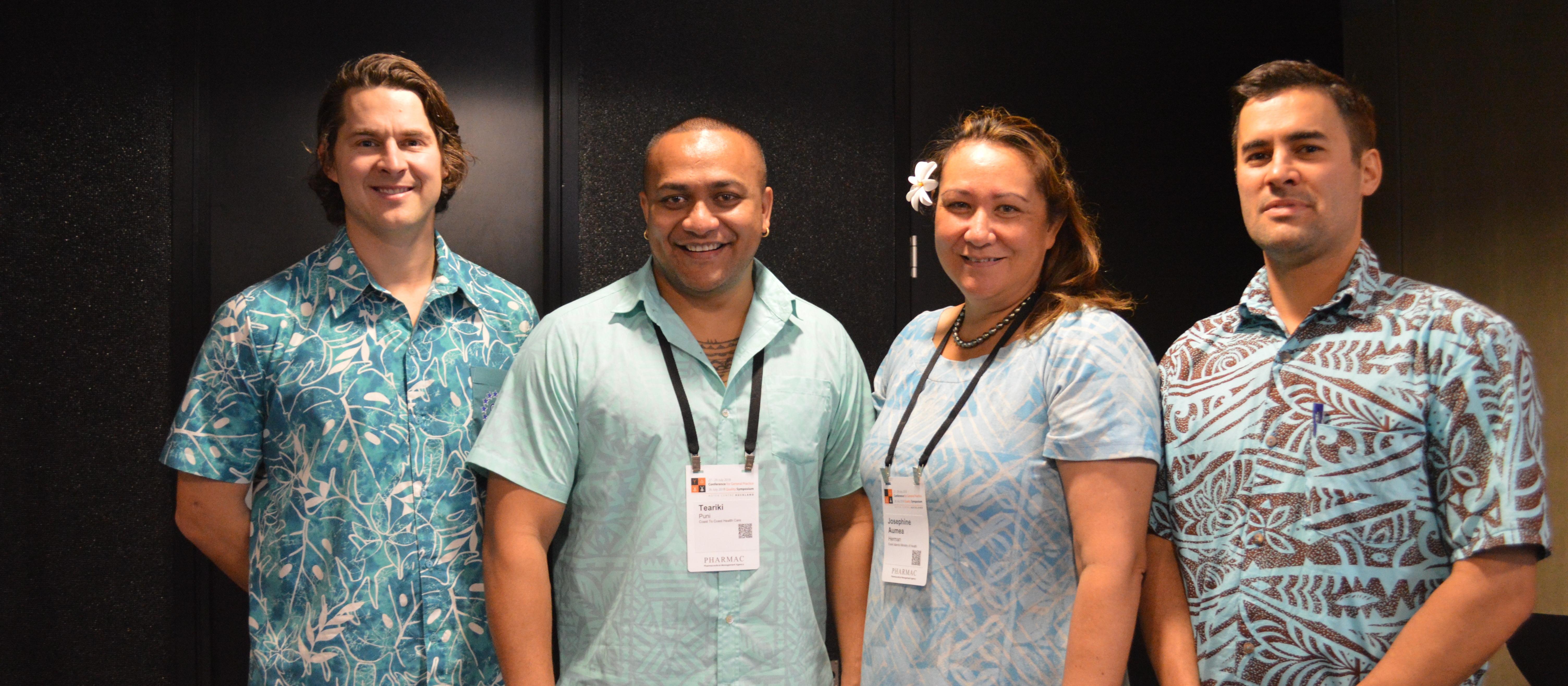 Graduates of the Cook Islands collaborative GP fellowship Tom Dawson, Teariki Puni and Joel Pirini with Cook Islands secretary of health Josephine Herman
