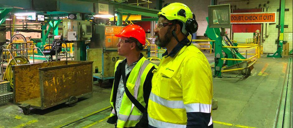 Whakatane GP Jethro LeRoy (left) gets a guided tour from Henare Kapa during his orientation at the Norske Skog Tasman paper mill 
