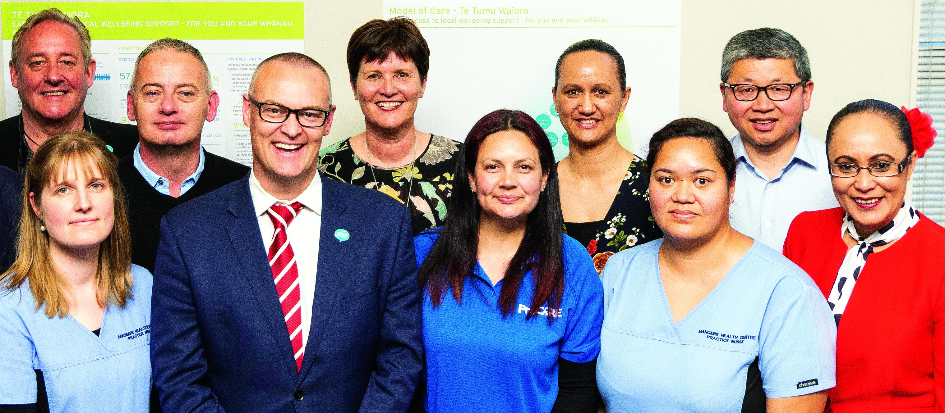 Te Tumu Waiora: (top) ProCare Health chief executive Steve Boomert, clinical psychologist Wayne Blackburn, ProCare’s Te Tumu Waiora manager Jo Chiplin, Mangere Health Centre practice manager Carol Nekind, GP Tim Hou; (front) Mangere Health Centre senior practice nurse Ruth McKenzie, health minister David Clark, health coach Renee Henry, mental health-credentialled nurse Lorrayne Rani and associate health minister Jenny Salesa