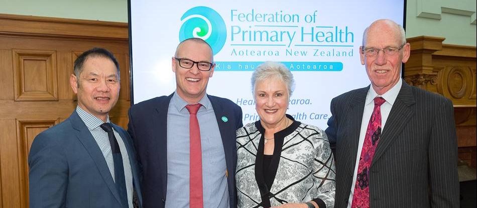 GPNZ Chair, Dr Jeff Lowe (far left) with Minister of Health, Hon. Dr David Clark; Dame Annette King and John Ayling at the launch of the Federation in September 2018.