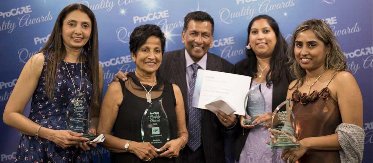 The winning Rangitoto Medical Centre team, receptionist Deepa Gala, GP Choola Waidyaratna, practice manager Siri Waidyaratna, receptionist Ranjani Singh and nurse Sarika Dutt  