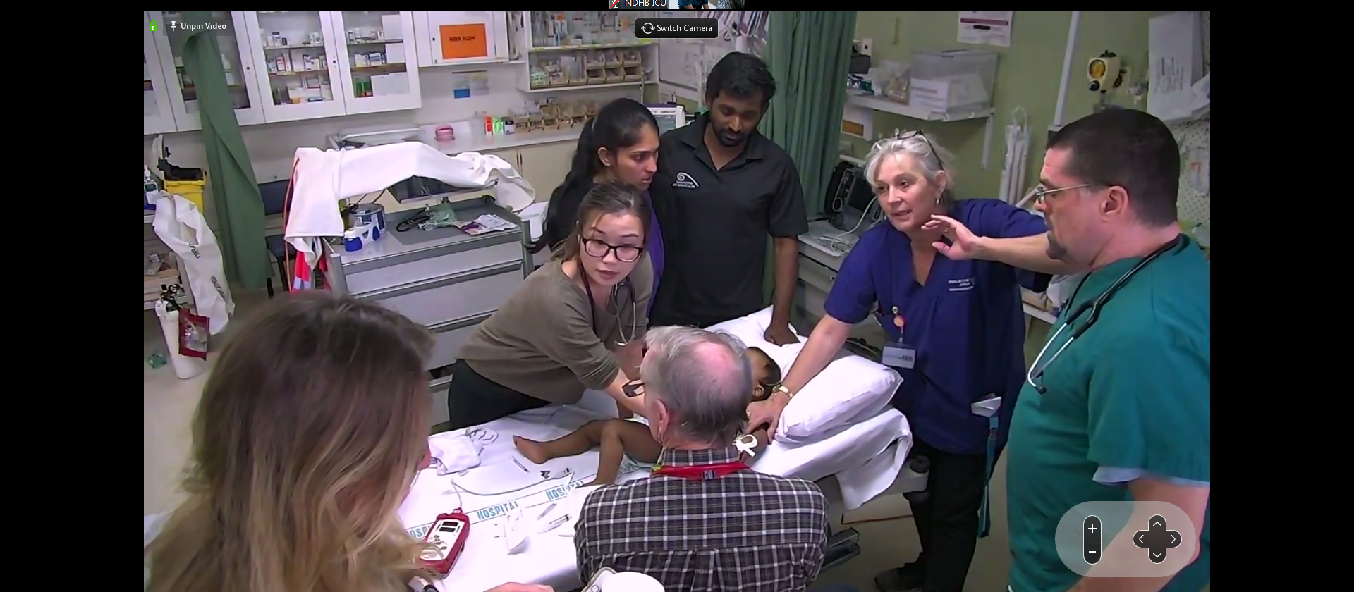 Bay of Islands Hospital clinical team members and Kaikohe GP Justine Woodcock (leftmost in photo) liaise with intensive care specialists and a paediatrician at Whangarei Hospital via Zoom, while treating a seriously ill baby  