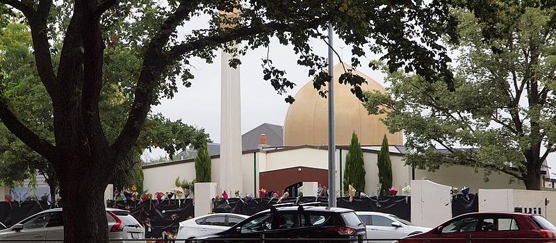 Masjid Al Noor Mosque in Christchurch after the terror attacks, with flowers placed along the top of the fence [photo: James Dann, 17 March 2019]