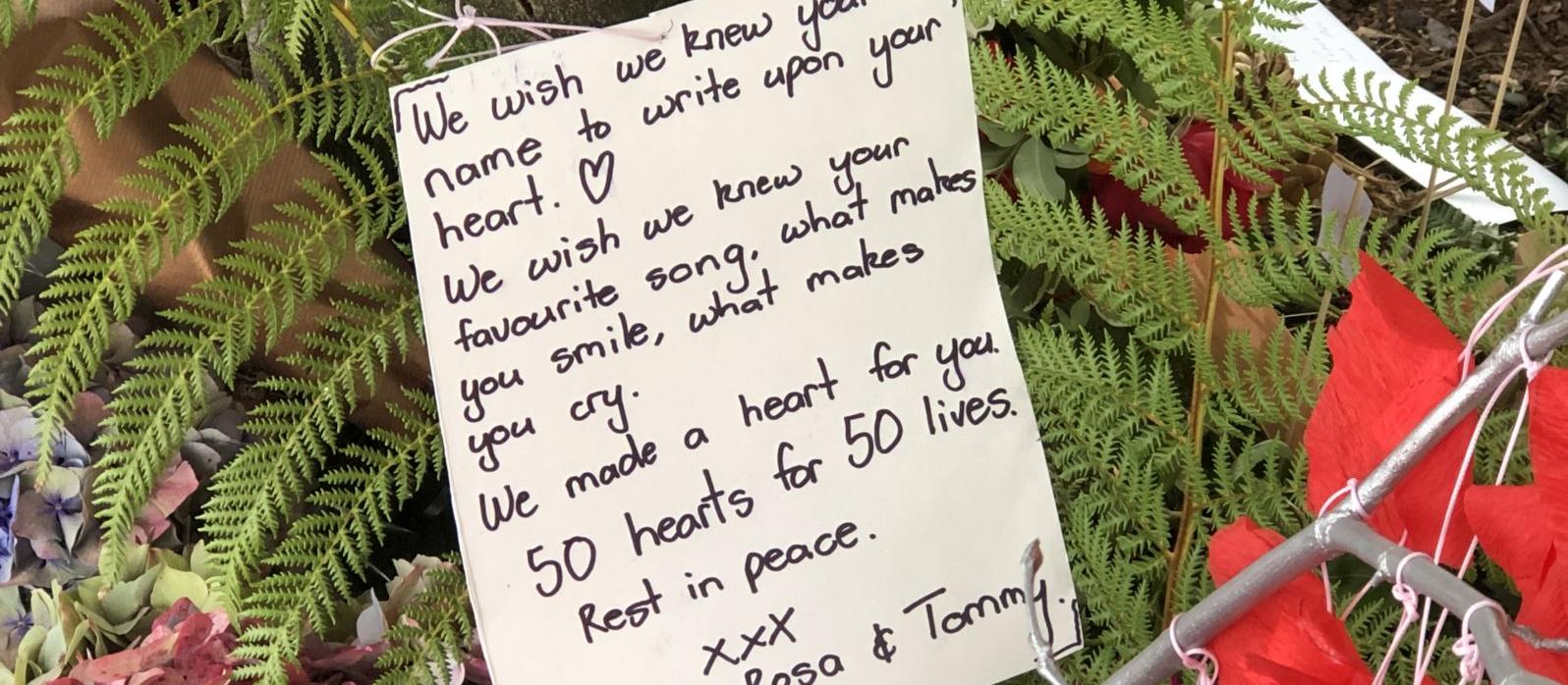 Notecard at Christchurch vigil