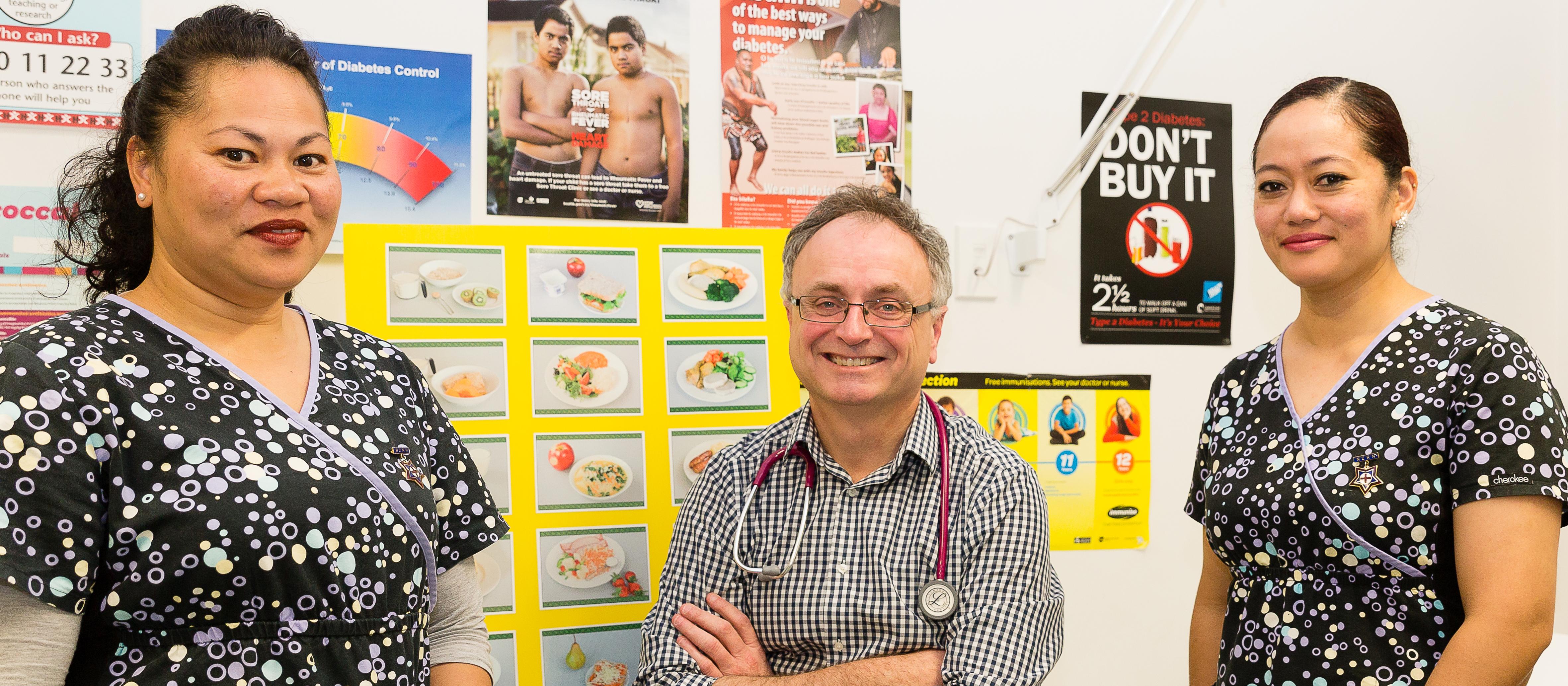 GP Bryan Betty and colleagues Litia Manuavai’a Pelefoti-Gibson and Ma’u Filise Patua at Porirua Union Health in 2015