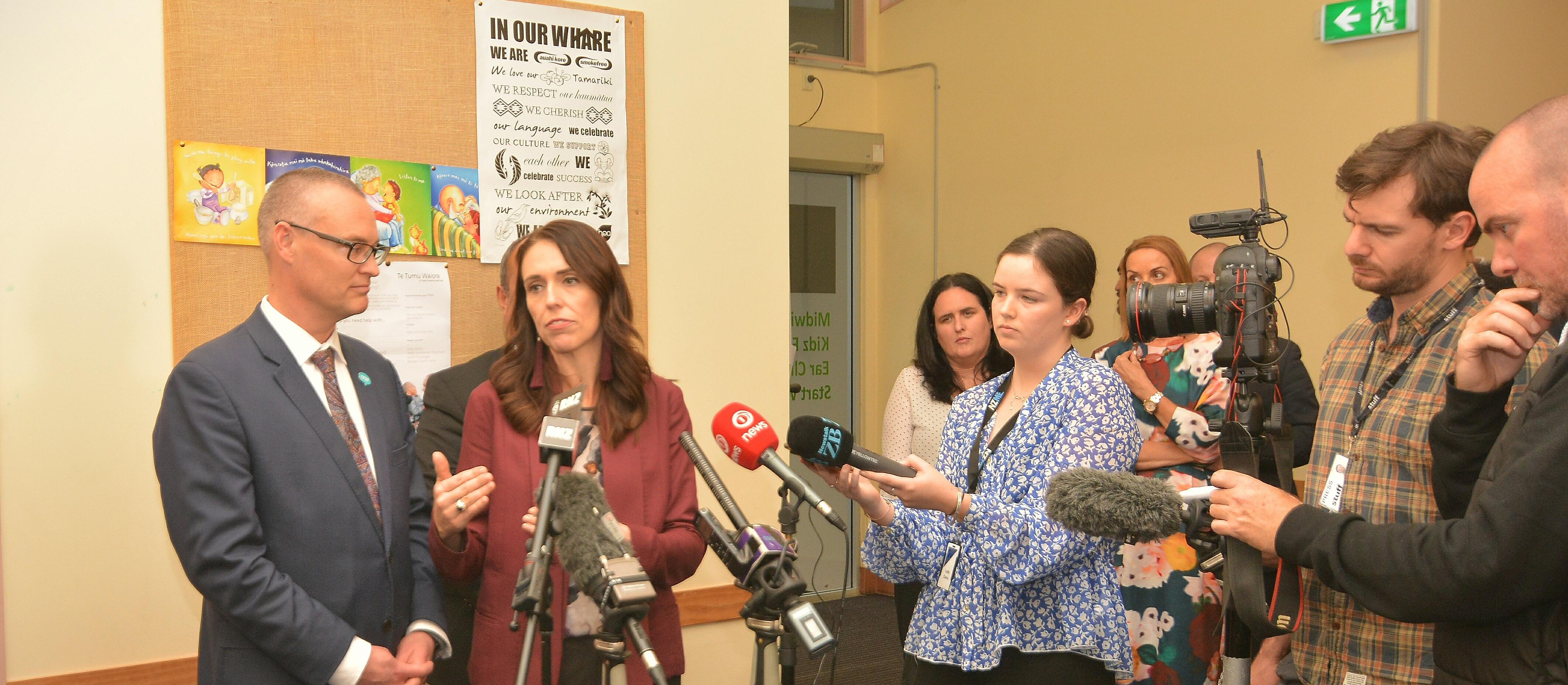 Jacinda and David Clark; media stand up