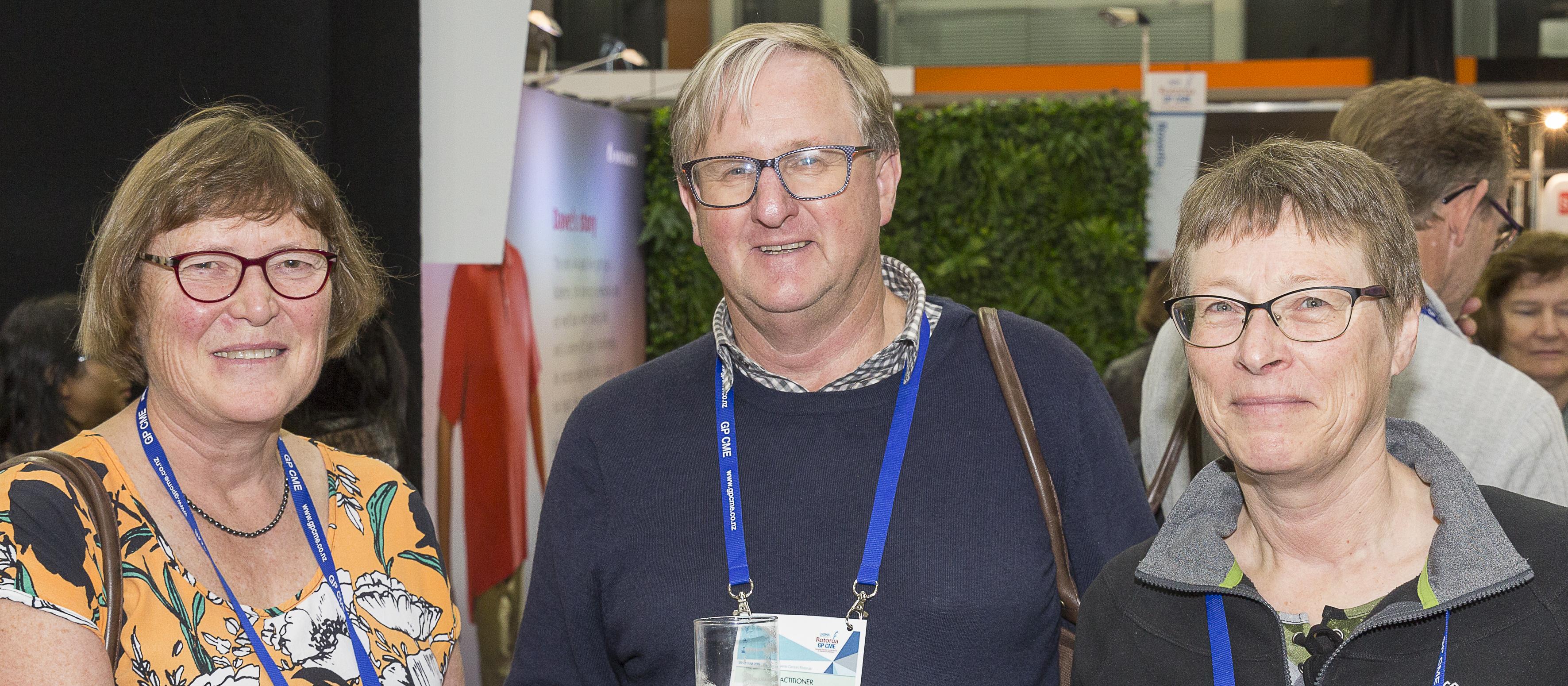 GPs Gillian Tate, of Taupo Health Centre, John Drake, of Cook Street Health Centre in Palmerston North, and Marianne O’Connell, of Best Care Whakapai Hauora in Palmerston North share memories and ideas at the welcome event 