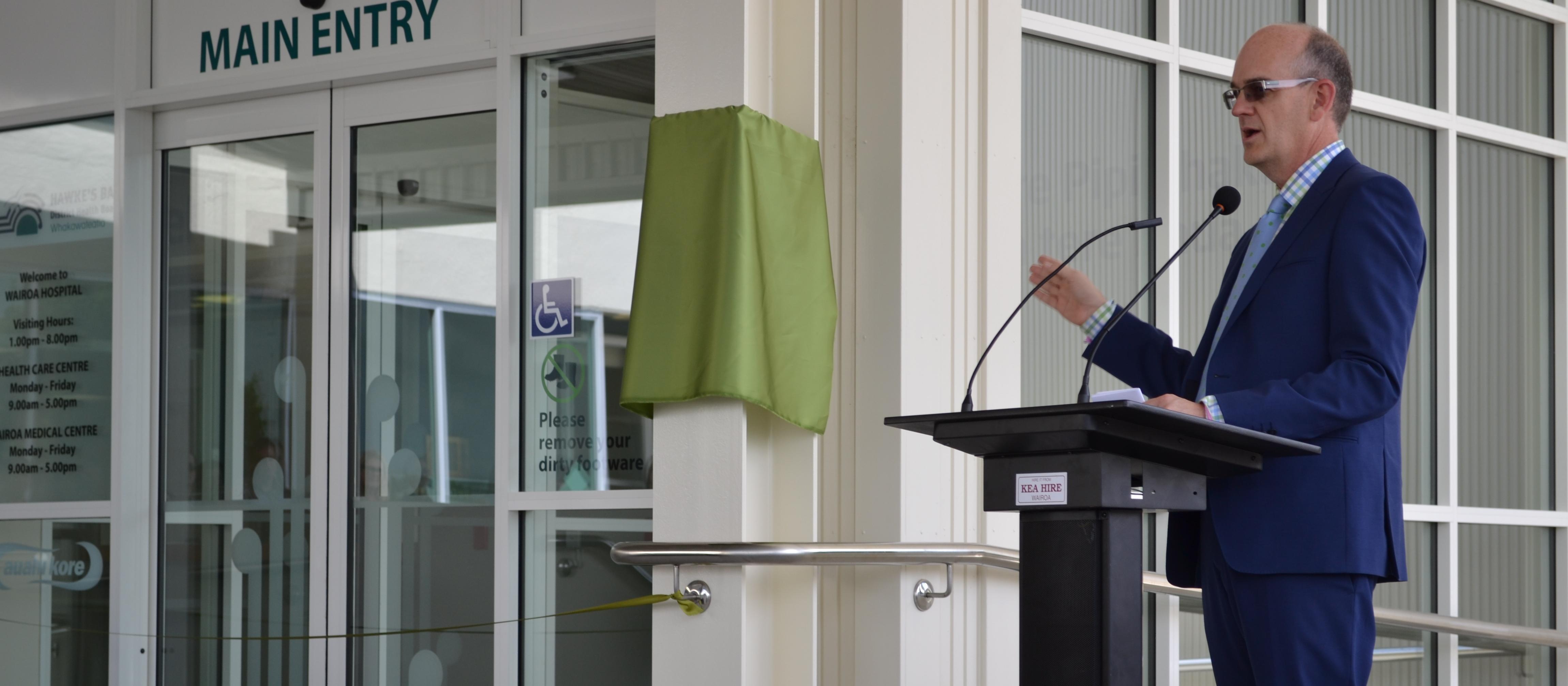 Health minister Tony Ryall addresses guests at the official opening of Wairoa Health in 2013