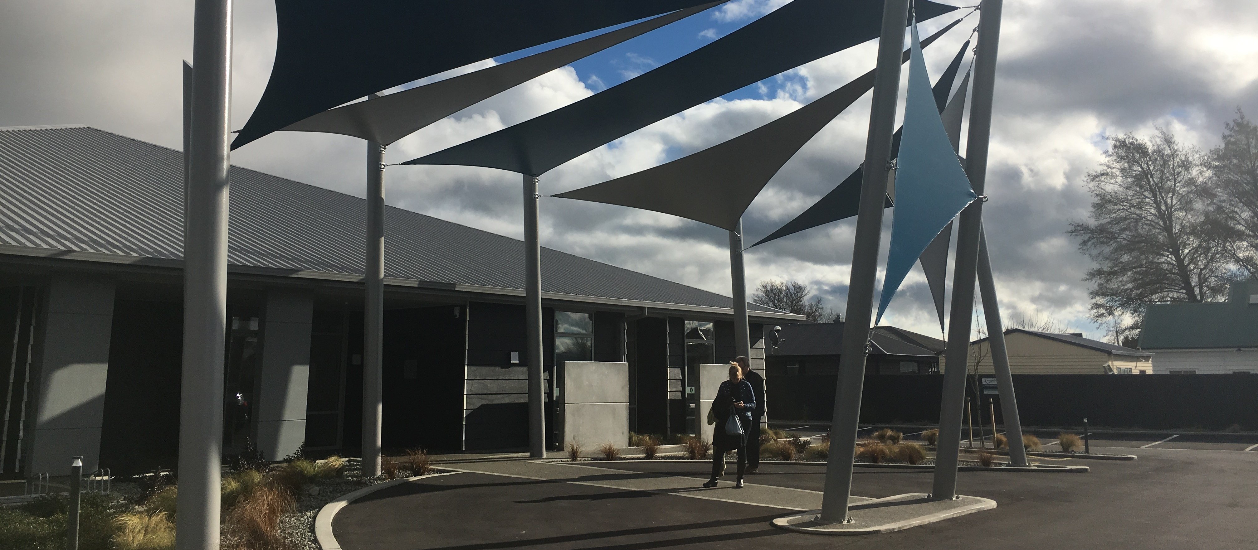 Huge sails grace the entrance of the Three Rivers Health centre