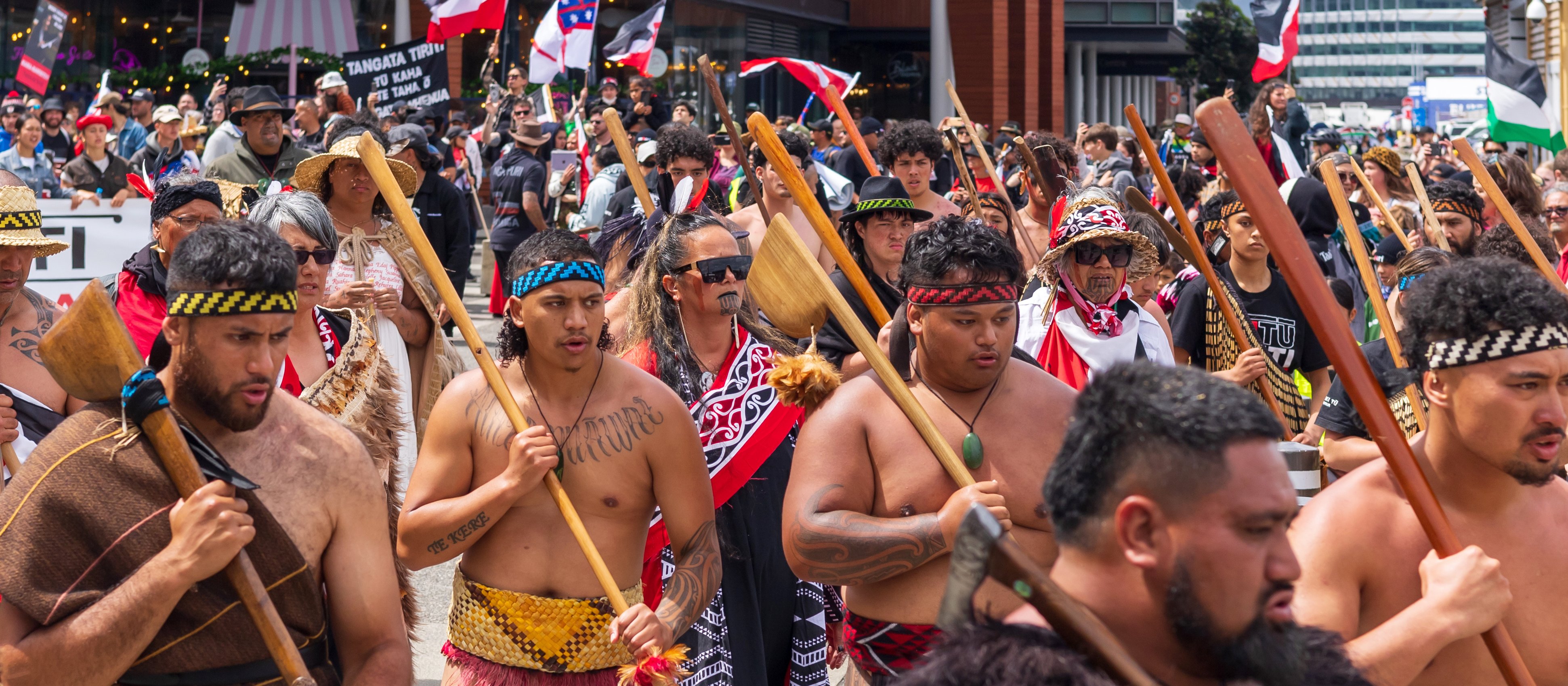Māori men in traditional clothing at the head of the hikoi to Parliament, behind them other protestors carry flags