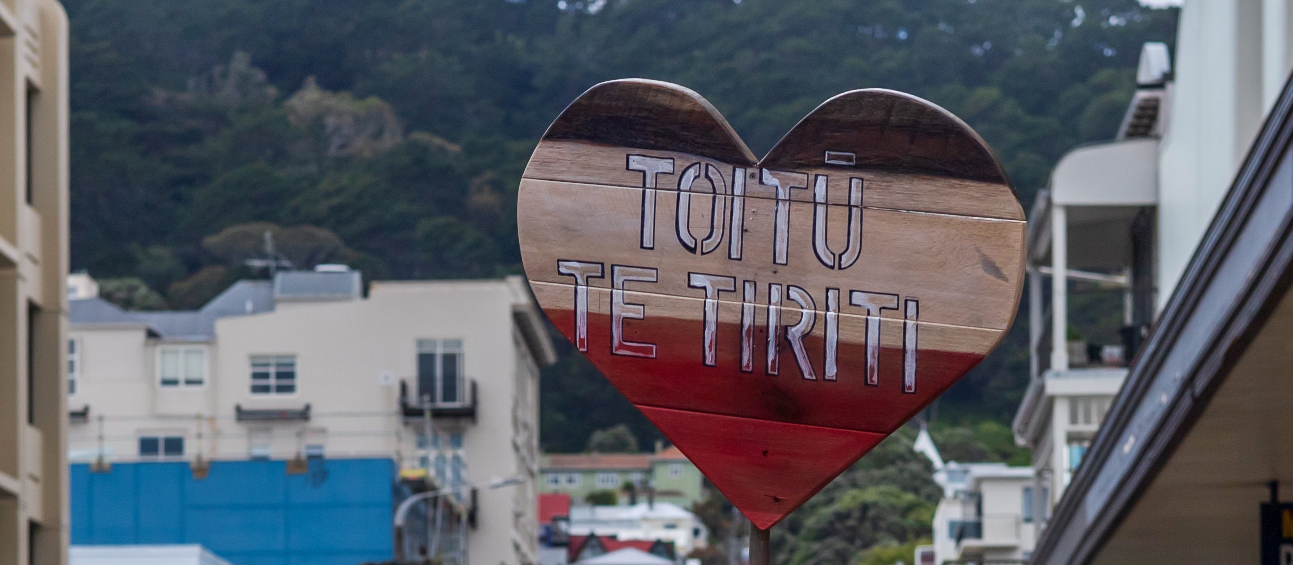 Image shows a man in a black hat and sunglasses holding a heart-shaped sign with black, white and red stripes, which reads 'Toitū te tiriti'
