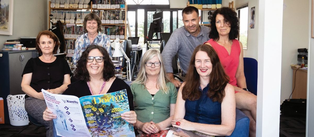 Members of the New Zealand Doctor editorial team on hand for a photo on our final deadline for the year: Ruth Brown, Jacki Hobson, Keira Stephenson, Megan Colquhoun, Simon Maude, Barbara Fountain, Gayle Robins