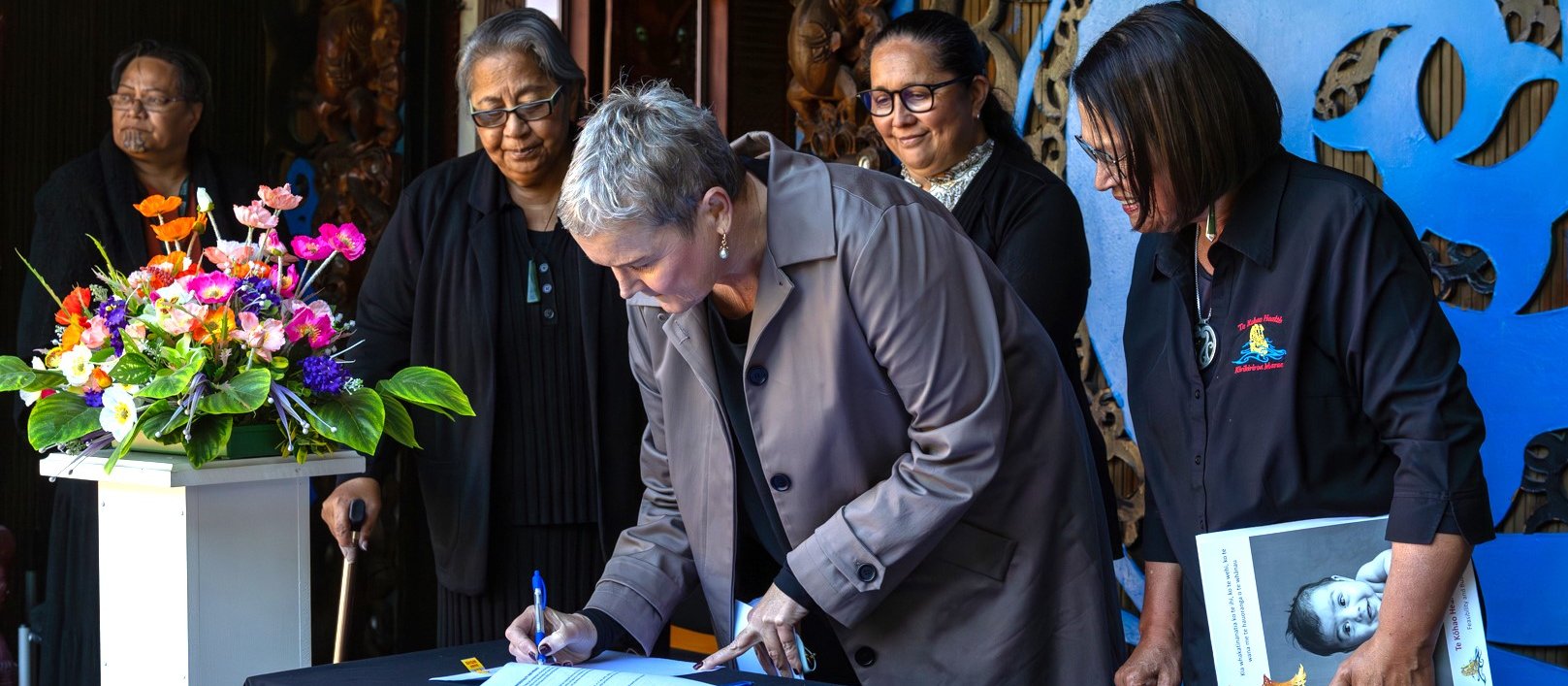 From centre left: Te Rangi Martell, Cath Cronin and Lady Tureiti Moxon sign Declaration of Intent with Te Whatu Ora and JV with Pacific Radiology