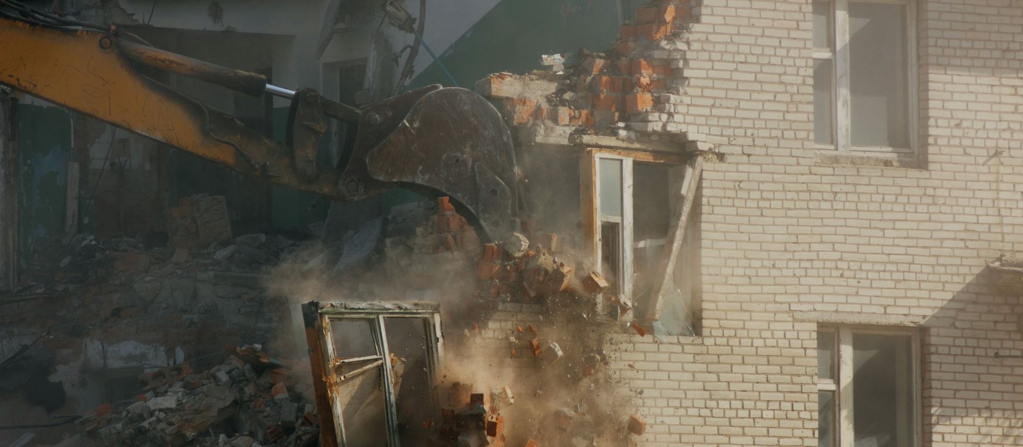 Demolition, destruction, building destroyed