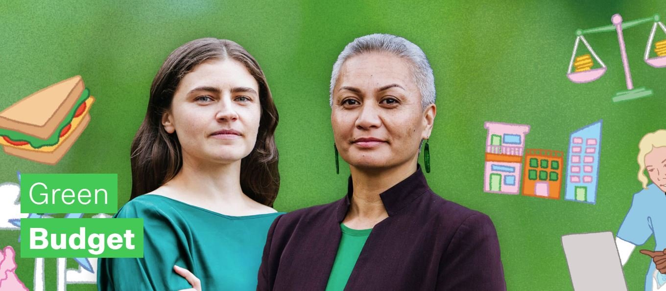Image shows Green Party co-leaders Chloe Swarbrick and Marama Davidson on a green background and images from the party's Budget document
