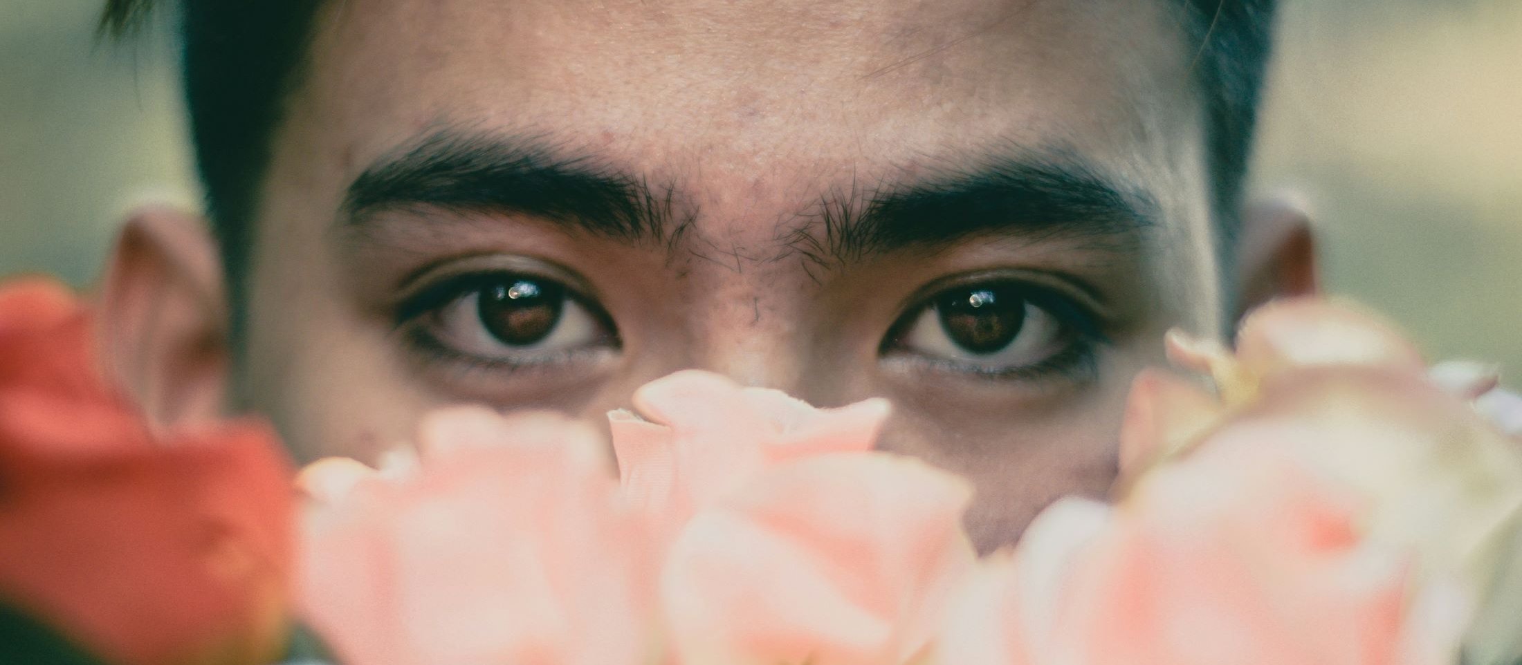 Man, eyes, flowers