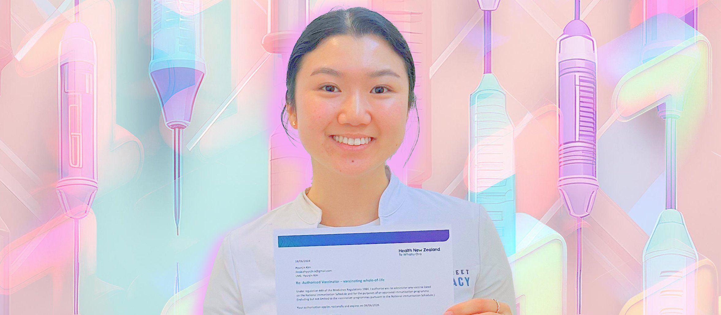 Jessica Kim with syringe background