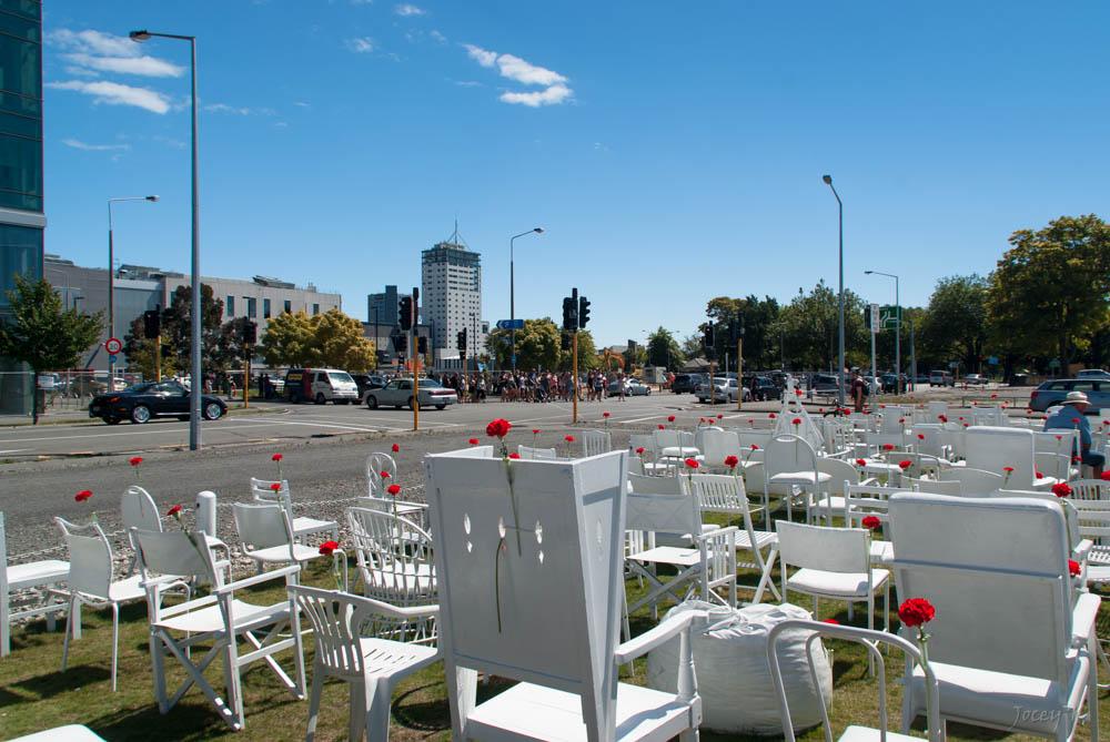 The third anniversary of the Christchurch earthquake was marked by an installation of white chairs by Peter Majendie. Each chair represents one of the 185 people who lost their lives [photo: Jocelyn Kinghorn] 