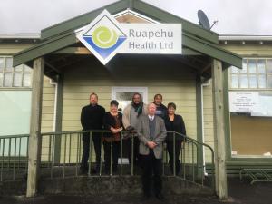 At the opening of Ruapehu Health in Raetihi on 2 July 2018 were Ruapehu district councillor Ben Goddard, Honey Winter of Uenuku Charitable Trust, mana whenua Fred Clarke, Whanganui Regional Health Network director Michael Sewell, Uenuku Charitable Trust chairperson Aiden Gilbert, and Soraya Peke-Mason of Ngāti Rangi Trust