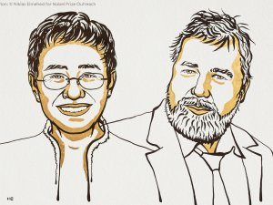  Maria Ressa and Dmitry Andreyevich Muratov. The Nobel Peace Prize 2021  [Image: Niklas Elmehed © Nobel Prize Outreach]
