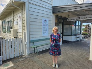 Sandra Flooks outside her GP practice 