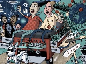 Two people riding on a tool box towards 2024