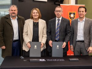 L-R Spark Health chief executive John Macaskill-Smith, CEO Jolie Hodson, vice-chancellor Professor Neil Quigley, pro vice-chancellor of Health, Professor Jo Lane