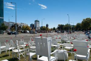 The third anniversary of the Christchurch earthquake was marked by an installation of white chairs by Peter Majendie. Each chair represents one of the 185 people who lost their lives [photo: Jocelyn Kinghorn] 
