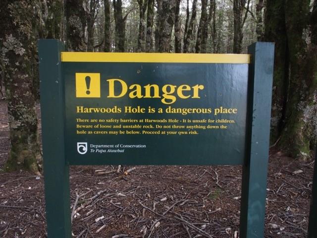 Danger sign Harwood's Hole