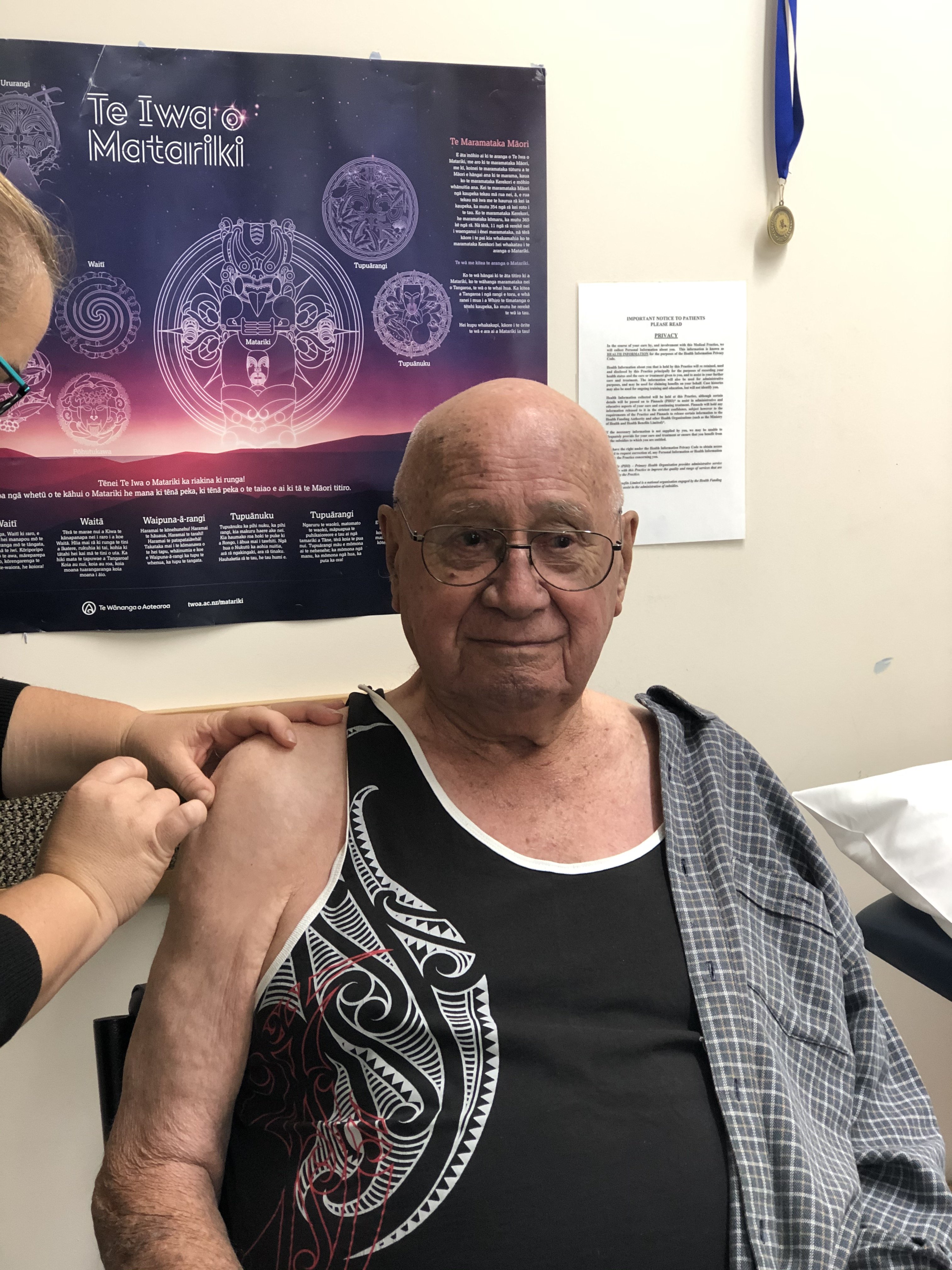 Toko Matangi aged 93 gets his flu vaccination