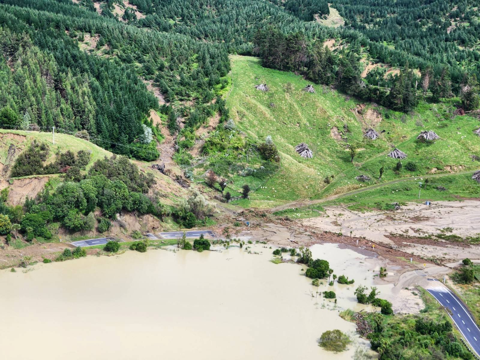 Image shows section of SH2 Napier to Wairoa washed out by rising flood waters caused by Cyclone Gabrielle