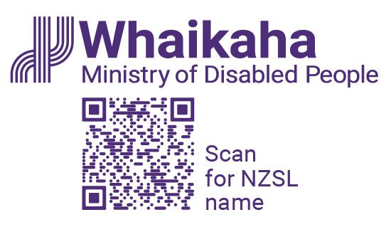 Logo of Whaikaha Ministry of Disabled People and QR code to scan for the NZSL name