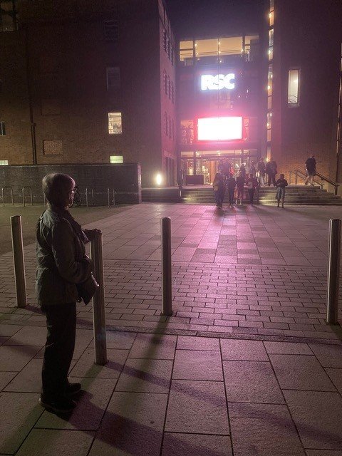 Woman stands next to a row of bollards at night outside a building with bright signage
