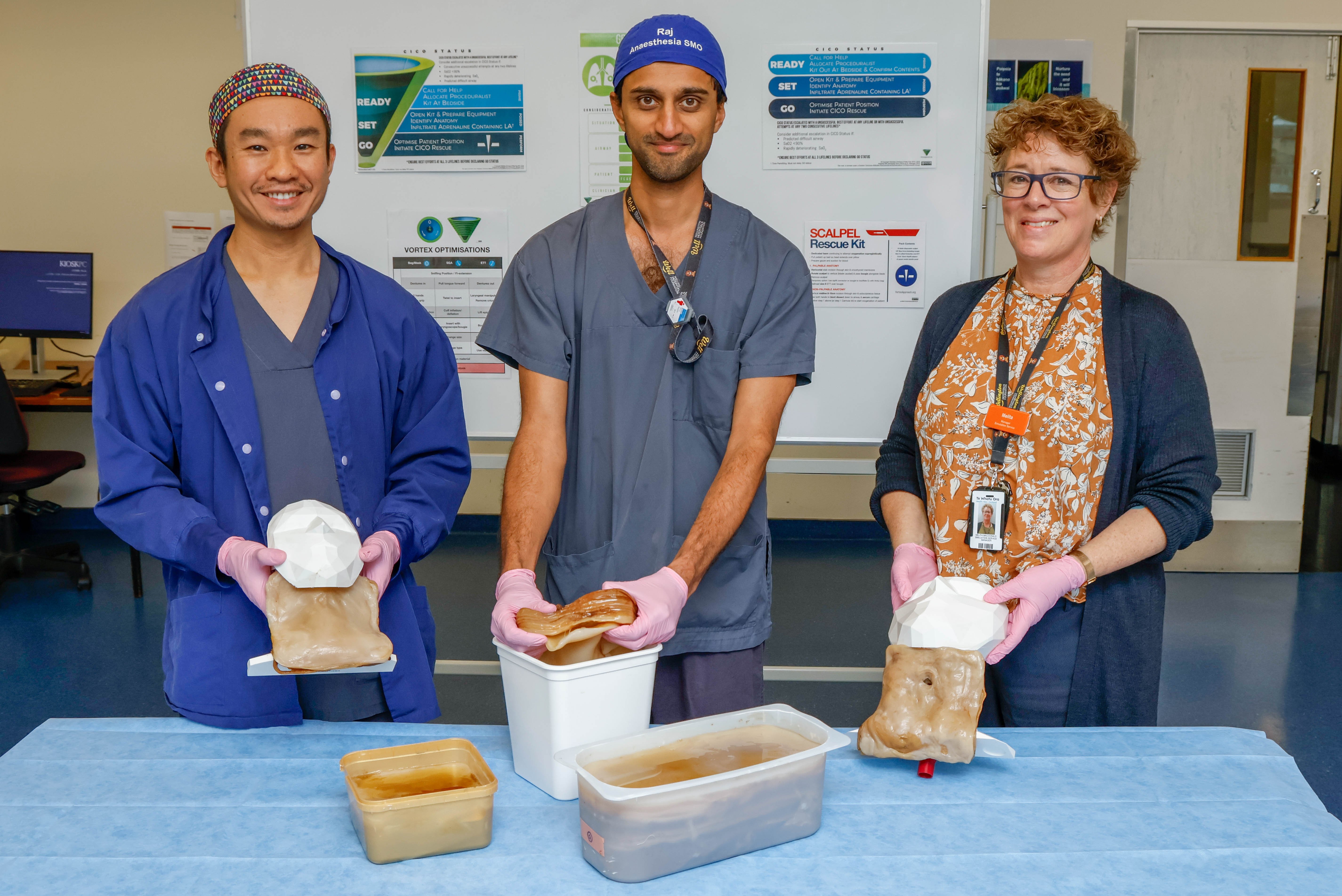 Anaesthetists Jeremy Young and Raj Palepu with Melita Macdonald, the manager of Wellington Regional Hospital’s simulation service