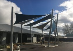 Huge sails grace the entrance of the Three Rivers Health centre